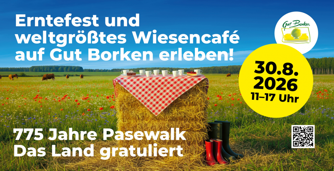 Erntefest und weltgrößtes Wiesencafé auf Gut Borken erleben! 30. August 2026, 11 bis 17 Uhr